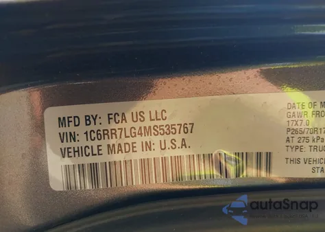 2021 Ram 1500 Classic Slt 4X4 5'7 Box z USA, uszkodzony, nr VIN 1C6RR7LG4MS535767